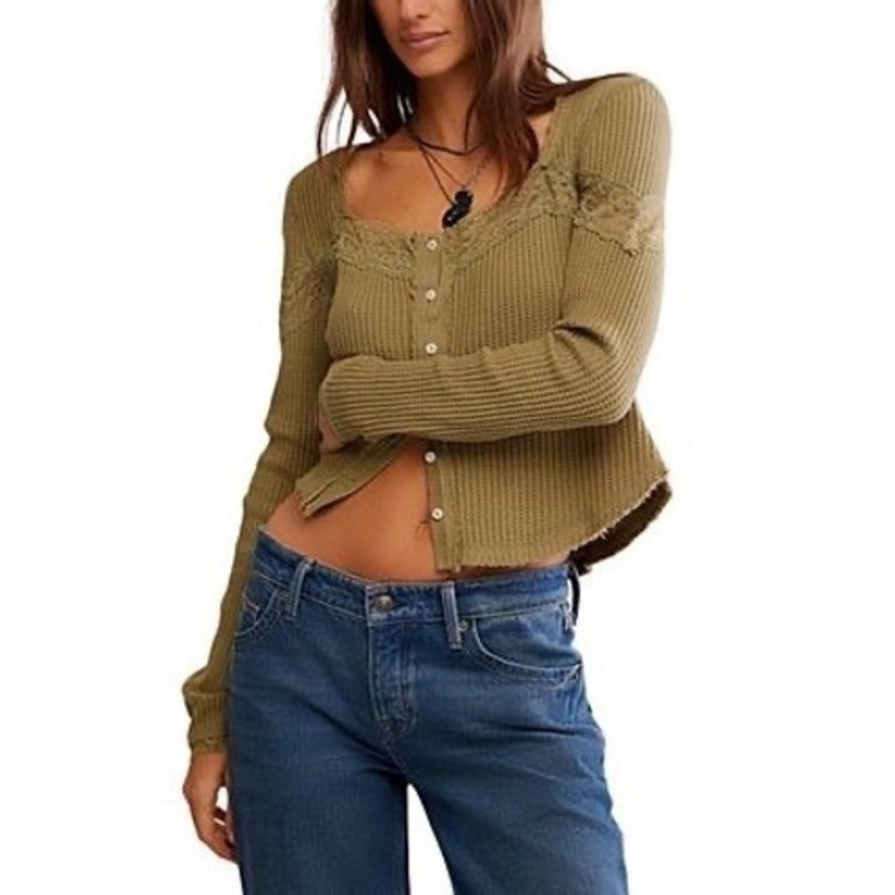 NWT Free People Let's Party Cardi, Gothic Olive, Fitted Cardigan, Lace, Size XS